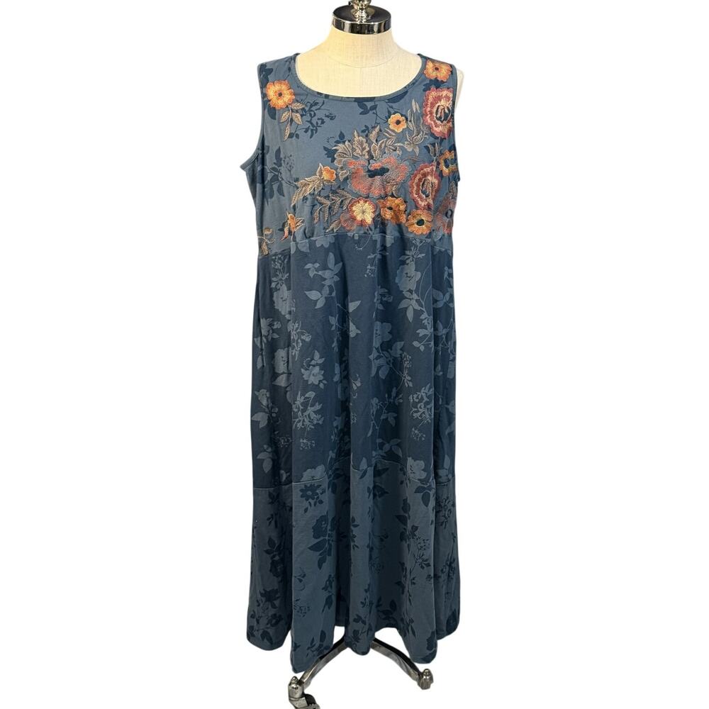 Coldwater Creek Womens Plus Embroidered Blue Cotton Floral Maxi Dres 2X
